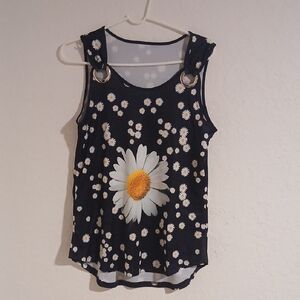 Boho Daisy Print Grommet Ring Tank Top - Size Medium Black/White/Yellow